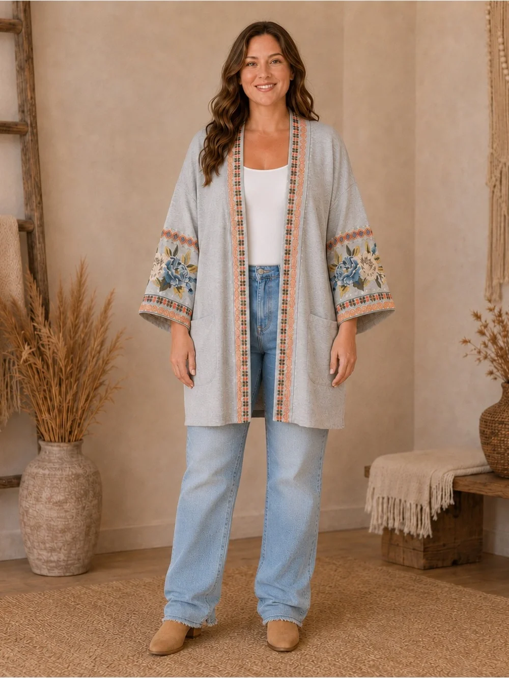 Johnny Was Tulla Gray Embroidered Open Cardigan Jacket 3X
